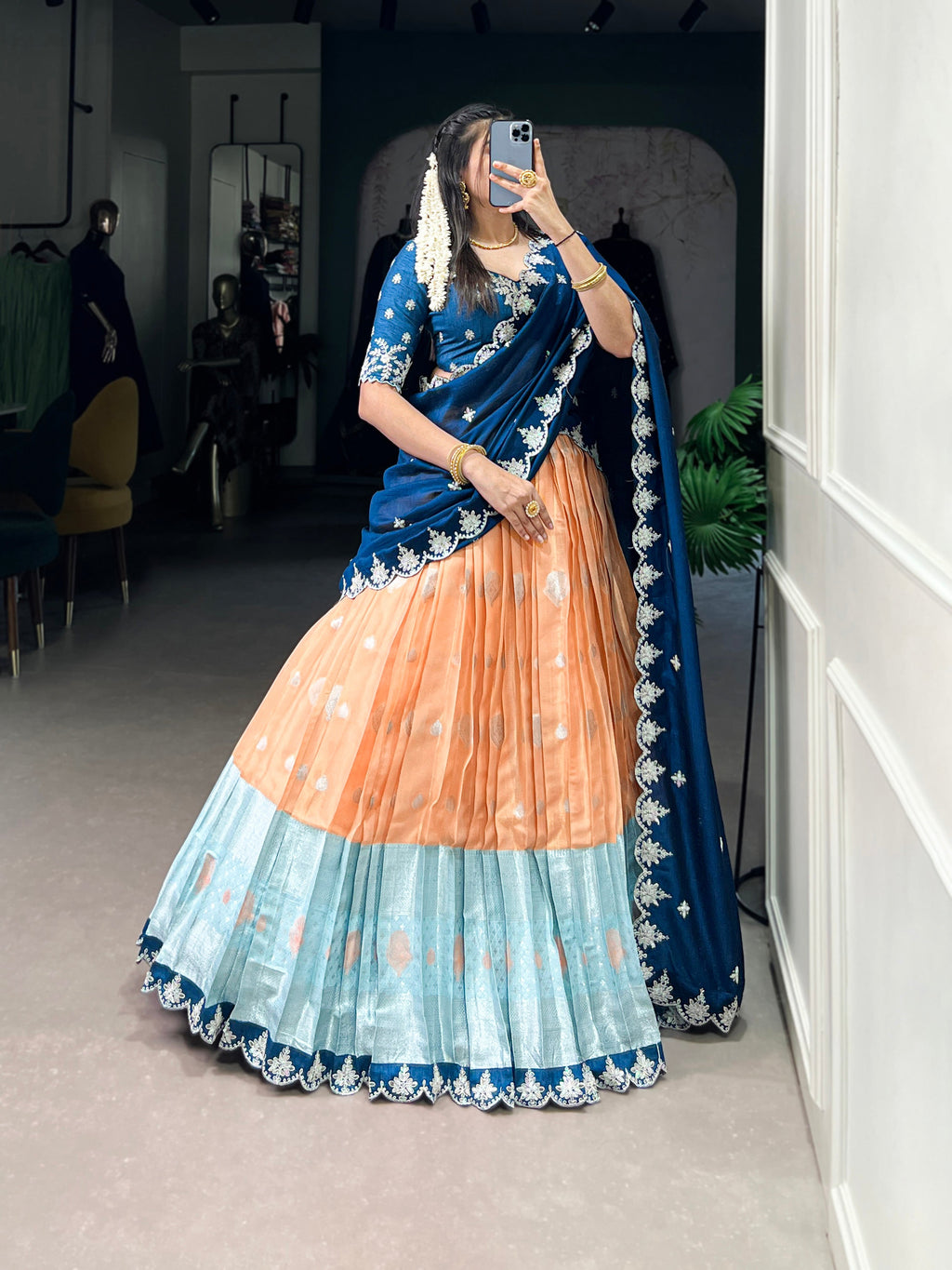Lorenvalley Orange Zari Kota Zari Weaving Work With Sequins and Thread Embroidery Scallop Lace Border Lehenga Choli with Dupatta
