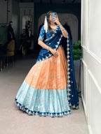 Lorenvalley Orange Zari Kota Zari Weaving Work With Sequins and Thread Embroidery Scallop Lace Border Lehenga Choli with Dupatta