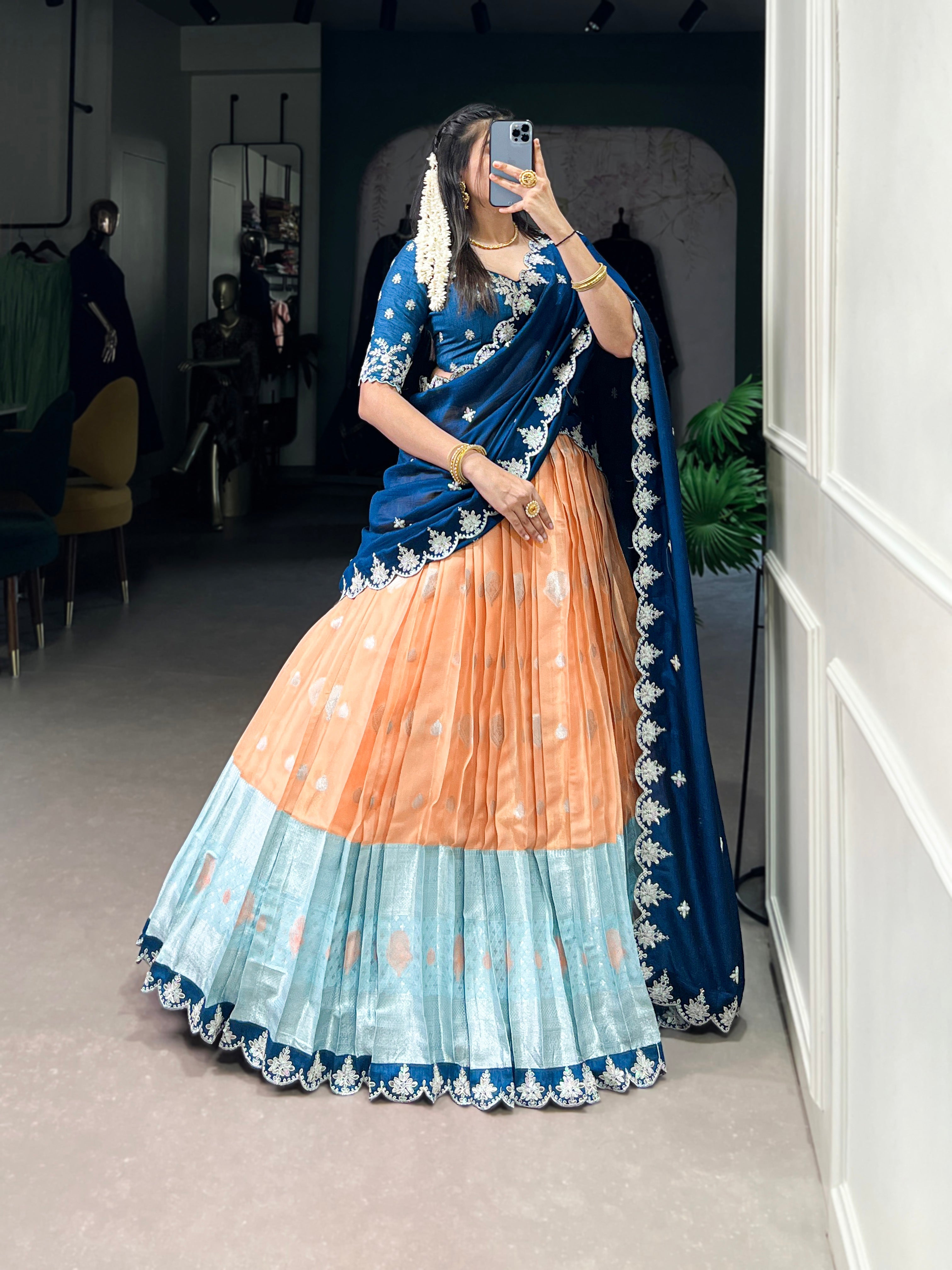 Lorenvalley Orange Zari Kota Zari Weaving Work With Sequins and Thread Embroidery Scallop Lace Border Lehenga Choli with Dupatta