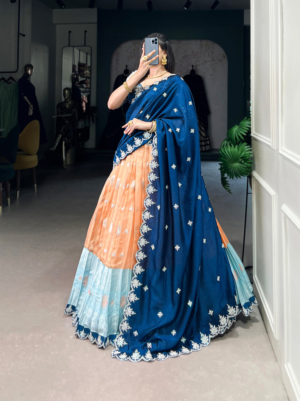 Lorenvalley Orange Zari Kota Zari Weaving Work With Sequins and Thread Embroidery Scallop Lace Border Lehenga Choli with Dupatta