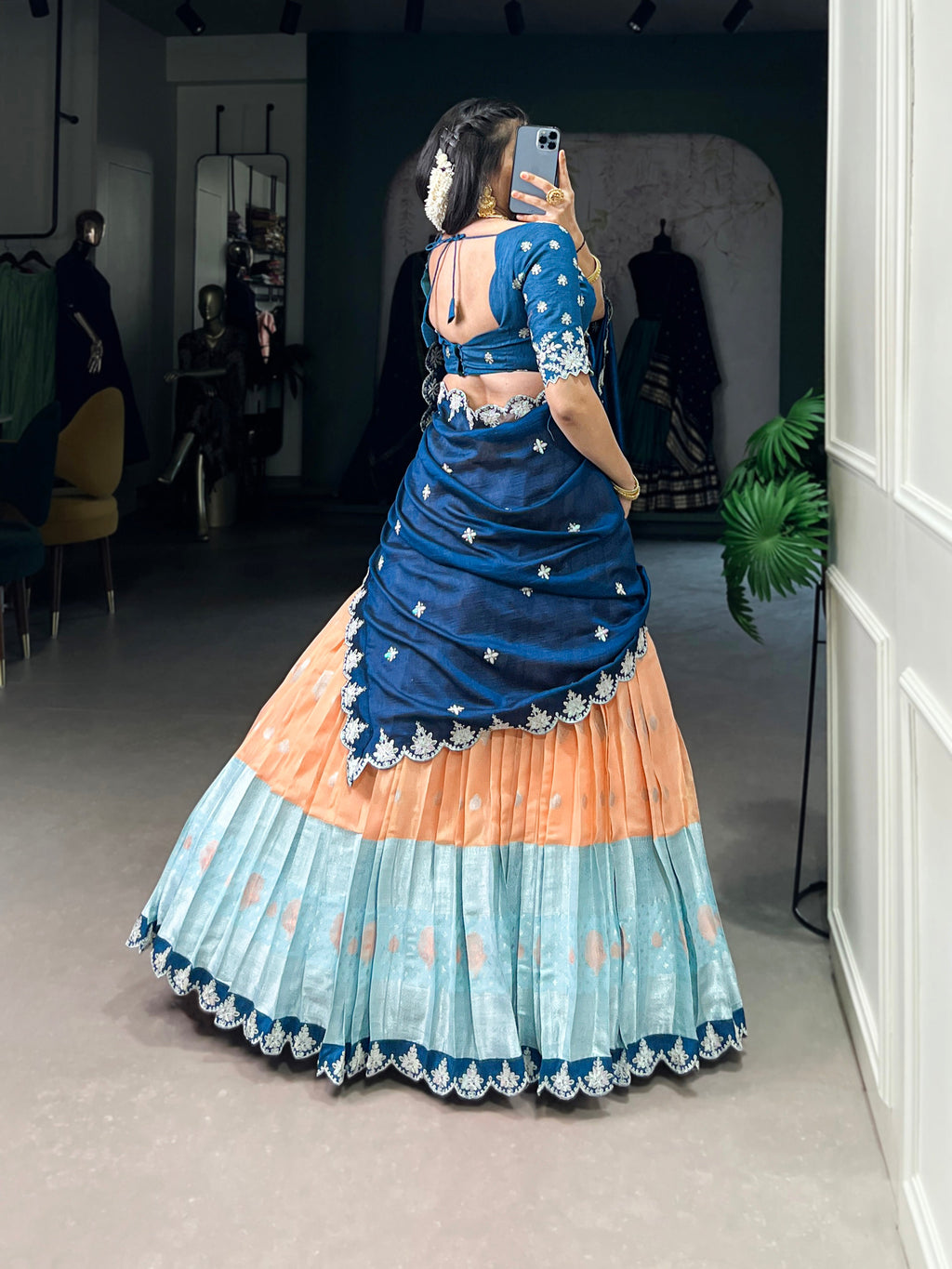 Lorenvalley Orange Zari Kota Zari Weaving Work With Sequins and Thread Embroidery Scallop Lace Border Lehenga Choli with Dupatta