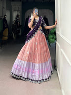 Lorenvalley Peach Zari Kota Zari Weaving Work With Sequins and Thread Embroidery Scallop Lace Border Lehenga Choli with Dupatta