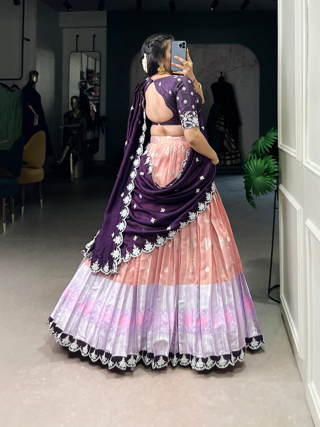 Lorenvalley Peach Zari Kota Zari Weaving Work With Sequins and Thread Embroidery Scallop Lace Border Lehenga Choli with Dupatta