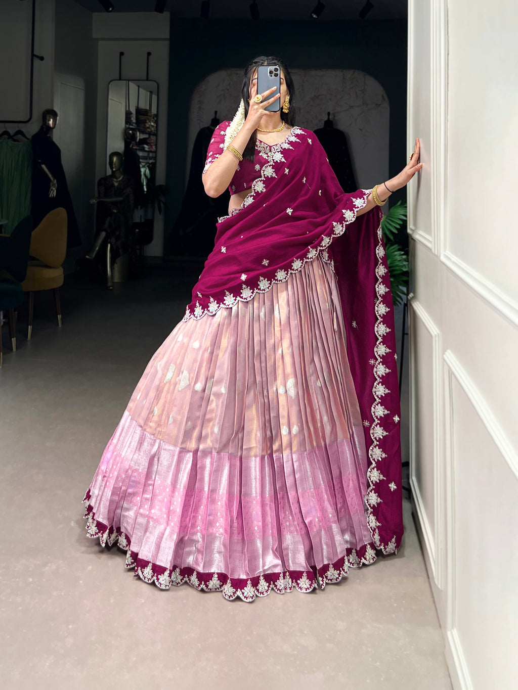 Lorenvalley Pink Zari Kota Zari Weaving Work With Sequins and Thread Embroidery Scallop Lace Border Lehenga Choli with Dupatta