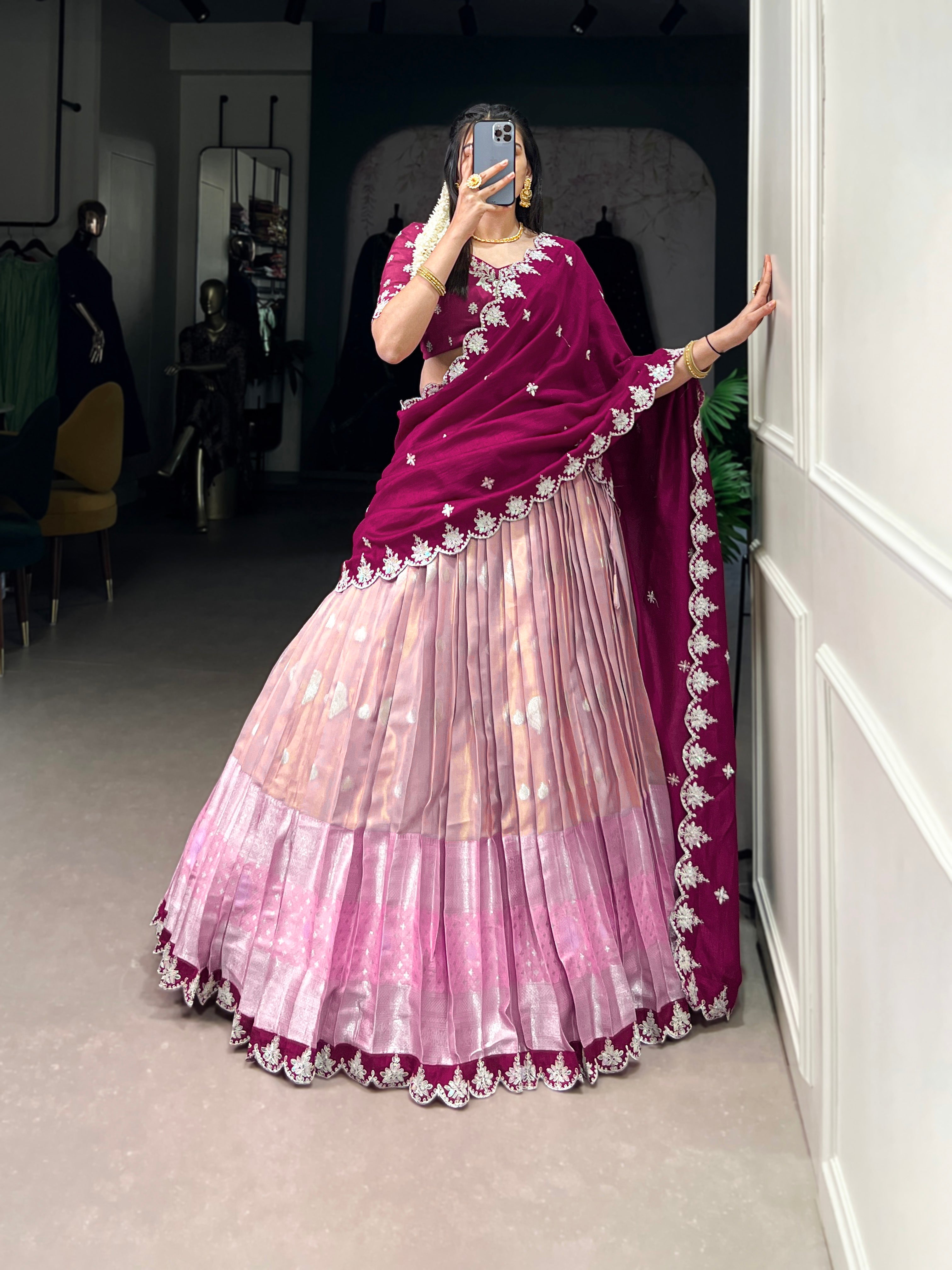 Lorenvalley Pink Zari Kota Zari Weaving Work With Sequins and Thread Embroidery Scallop Lace Border Lehenga Choli with Dupatta