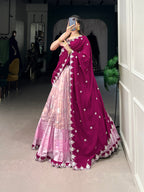 Lorenvalley Pink Zari Kota Zari Weaving Work With Sequins and Thread Embroidery Scallop Lace Border Lehenga Choli with Dupatta