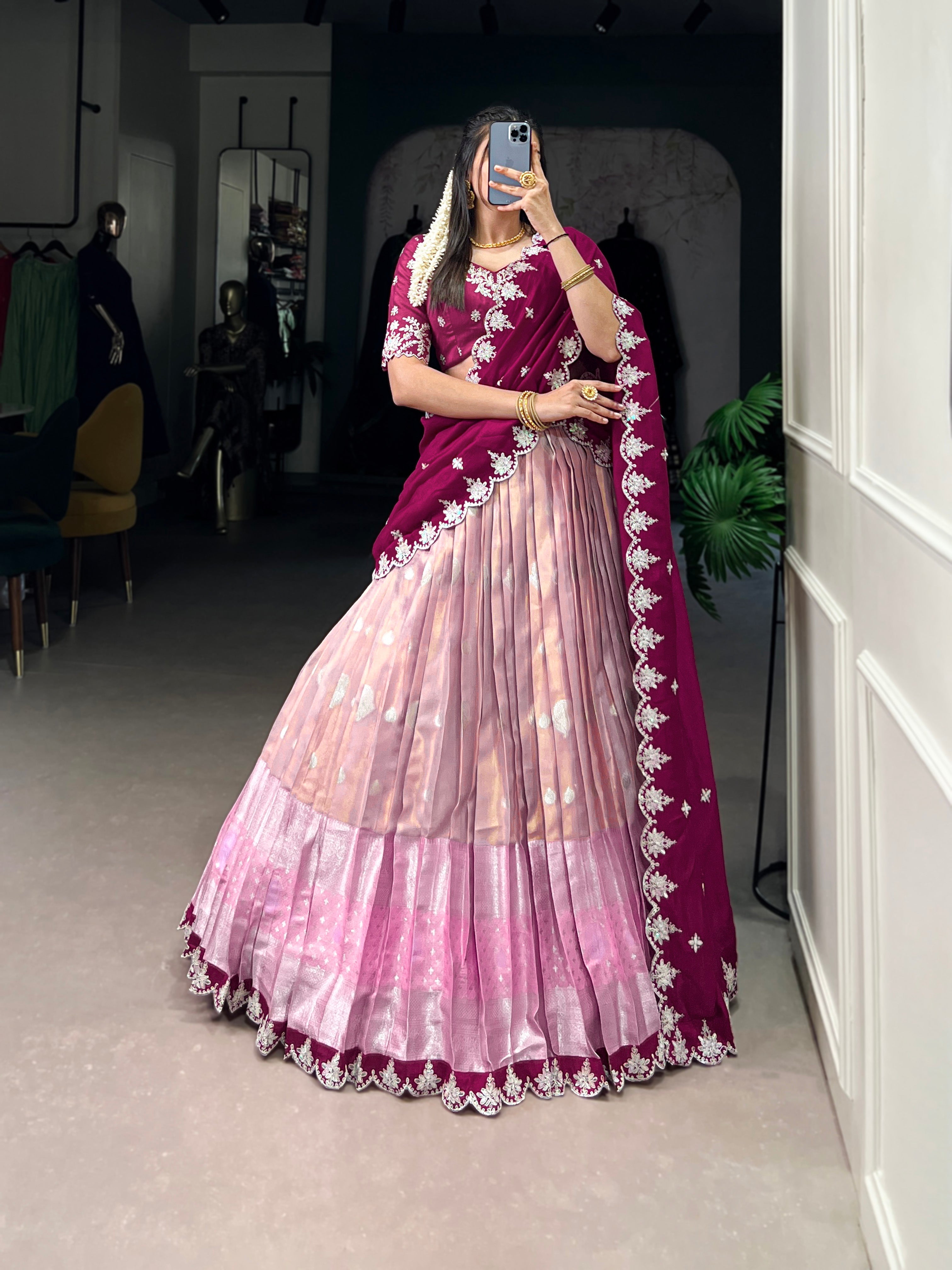 Lorenvalley Pink Zari Kota Zari Weaving Work With Sequins and Thread Embroidery Scallop Lace Border Lehenga Choli with Dupatta