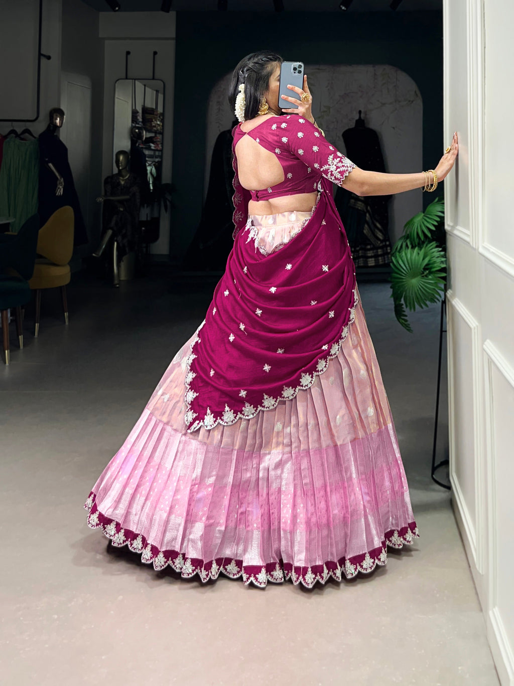 Lorenvalley Pink Zari Kota Zari Weaving Work With Sequins and Thread Embroidery Scallop Lace Border Lehenga Choli with Dupatta