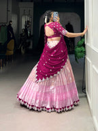 Lorenvalley Pink Zari Kota Zari Weaving Work With Sequins and Thread Embroidery Scallop Lace Border Lehenga Choli with Dupatta