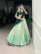 Lorenvalley Pista Zari Kota Zari Weaving Work With Sequins and Thread Embroidery Scallop Lace Border Lehenga Choli with Dupatta