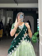 Lorenvalley Pista Zari Kota Zari Weaving Work With Sequins and Thread Embroidery Scallop Lace Border Lehenga Choli with Dupatta