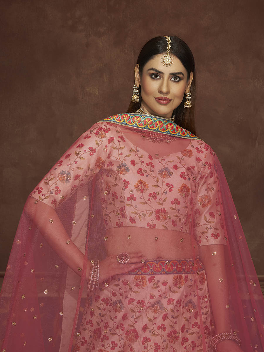 Myra Beige and Pink Art Silk Embroidered Designer Lehenga
