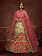 Myra Beige and Pink Art Silk Embroidered Designer Lehenga