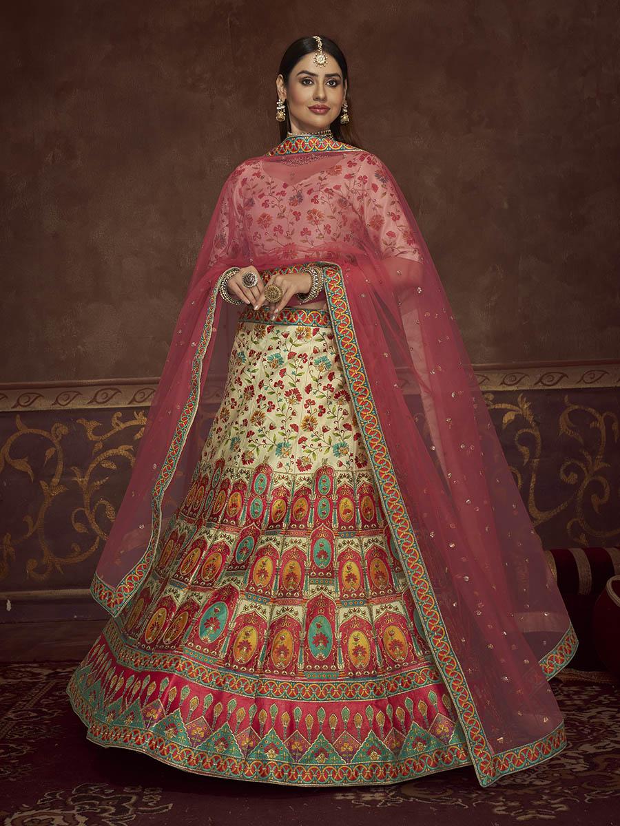 Myra Beige and Pink Art Silk Embroidered Designer Lehenga