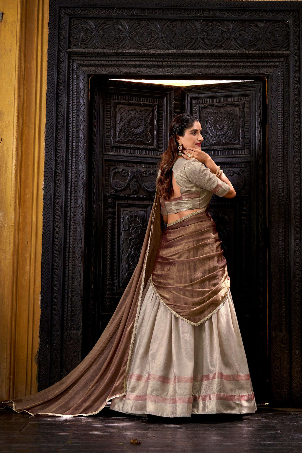 Evanik Traditional Cream Dupion Silk With Zari Weaving Work Fully Stitched Lehenga Choli - Distacart