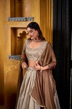 Evanik Traditional Cream Dupion Silk With Zari Weaving Work Fully Stitched Lehenga Choli - Distacart