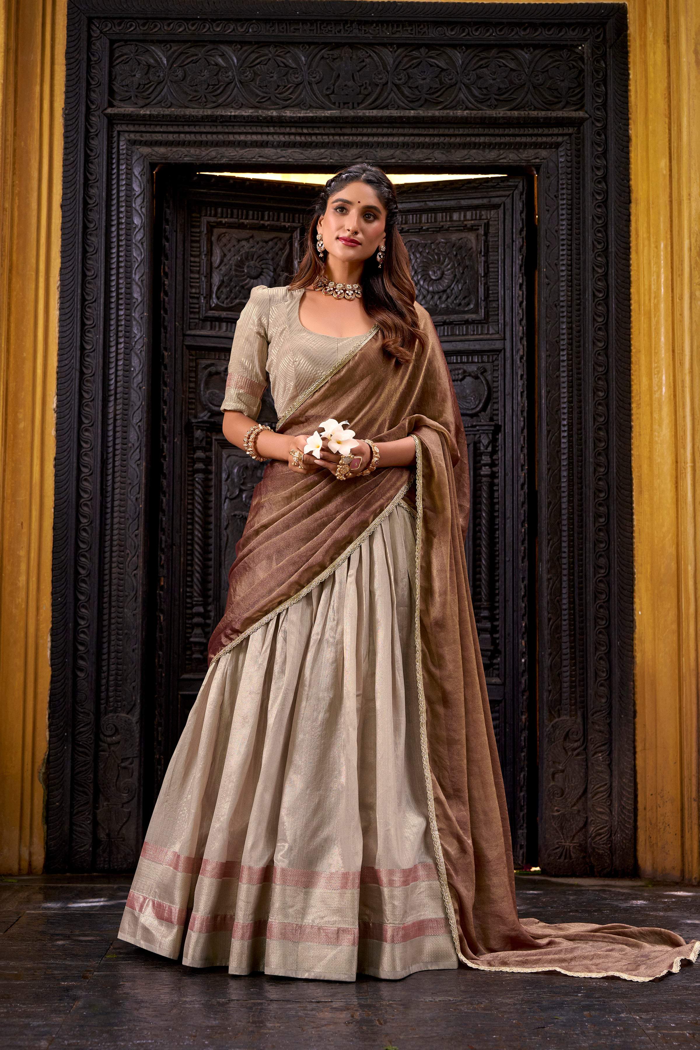 Evanik Traditional Cream Dupion Silk With Zari Weaving Work Fully Stitched Lehenga Choli - Distacart