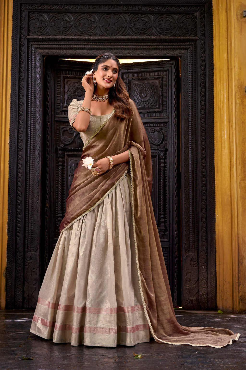 Evanik Traditional Cream Dupion Silk With Zari Weaving Work Fully Stitched Lehenga Choli - Distacart