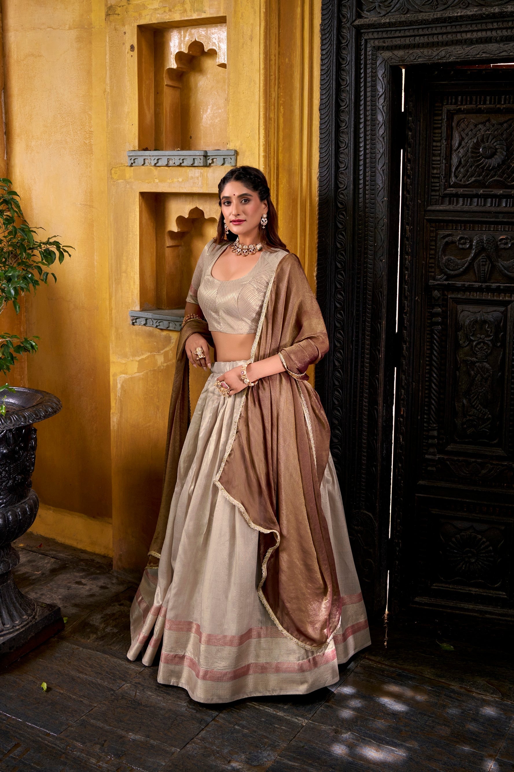Lorenvalley Fashion Cream Dupion Silk Zari Weaving Work Lehenga Choli with Dupatta - Distacart