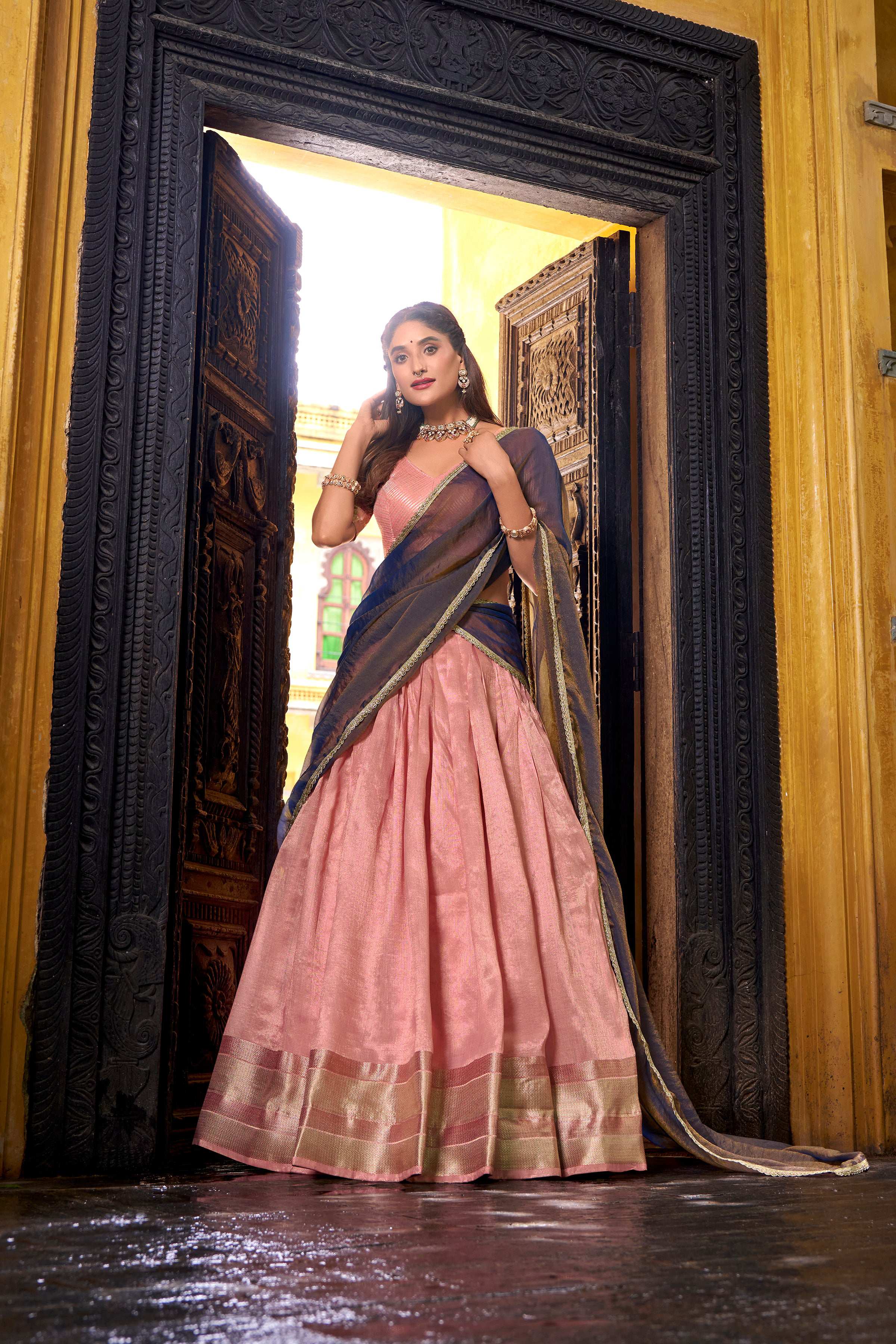 Evanik Traditional Pink Dupion Silk With Zari Weaving Work Fully Stitched Lehenga Choli - Distacart