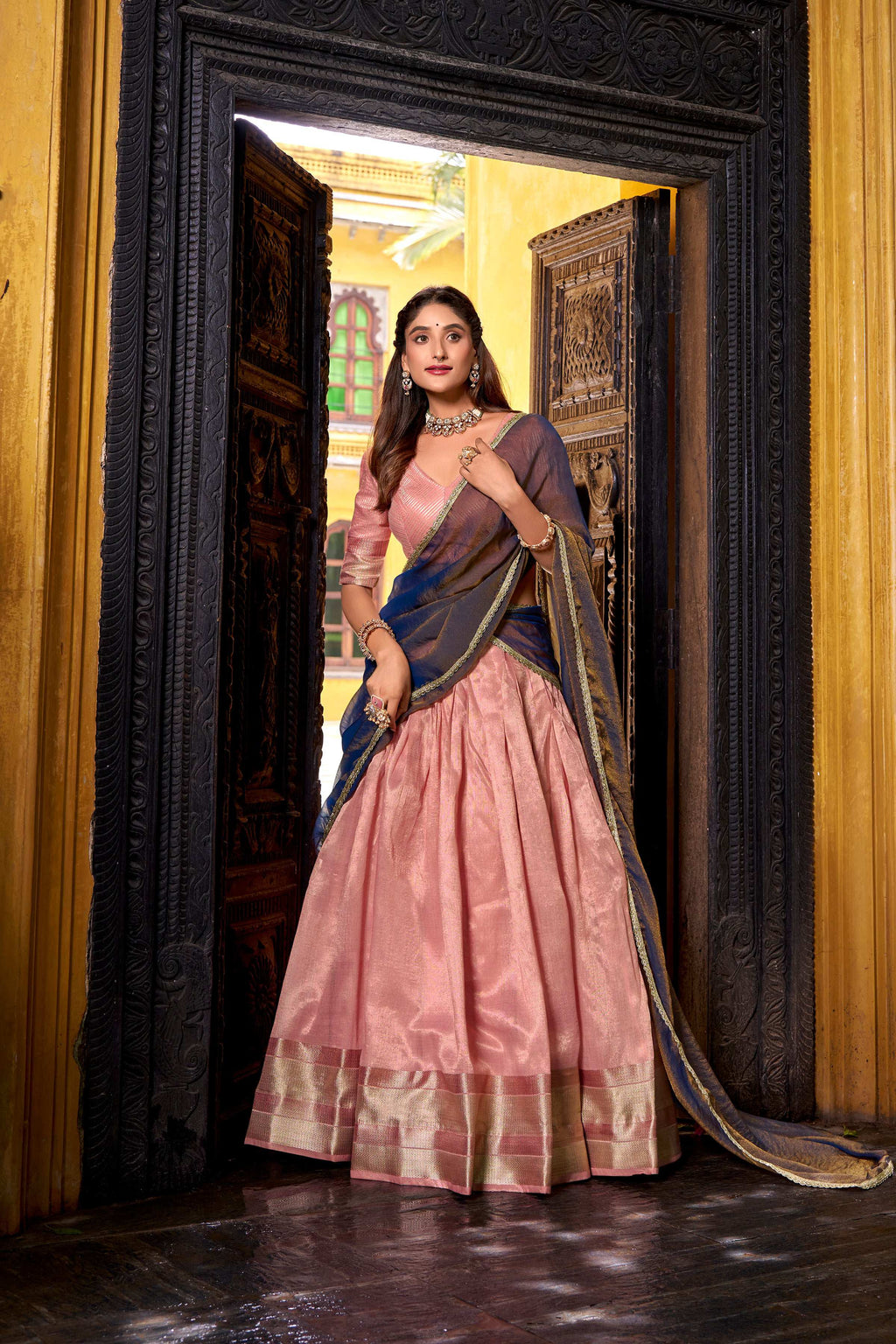 Evanik Traditional Pink Dupion Silk With Zari Weaving Work Fully Stitched Lehenga Choli - Distacart