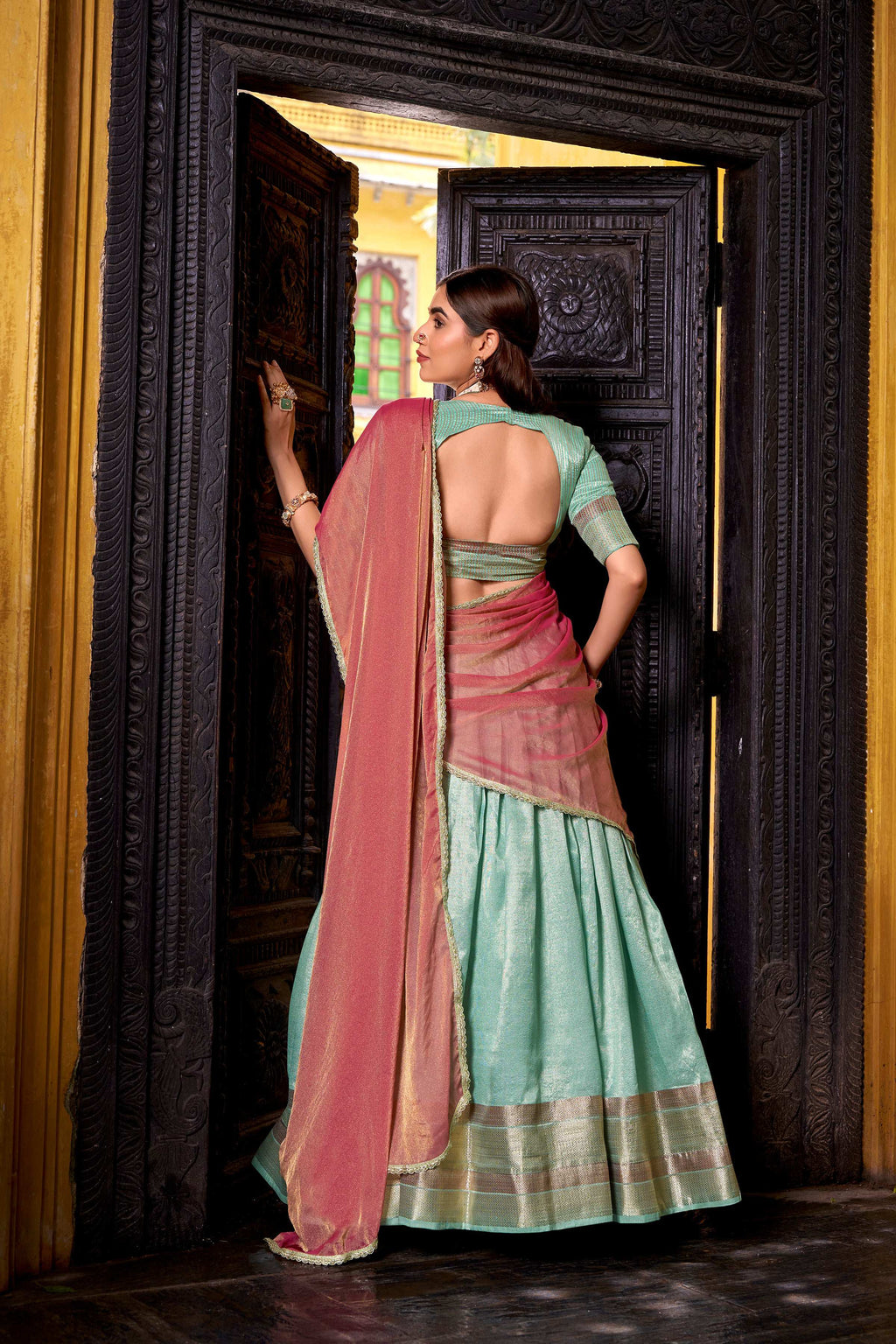 Evanik Traditional Sky Blue Dupion Silk With Zari Weaving Work Fully Stitched Lehenga Choli - Distacart