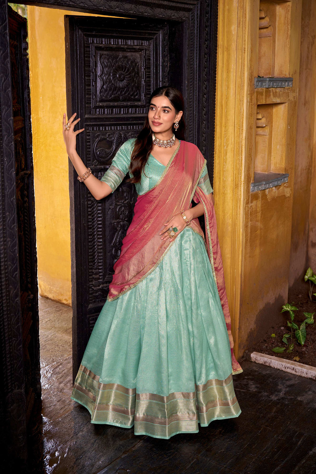 Evanik Traditional Sky Blue Dupion Silk With Zari Weaving Work Fully Stitched Lehenga Choli - Distacart