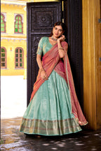 Evanik Traditional Sky Blue Dupion Silk With Zari Weaving Work Fully Stitched Lehenga Choli - Distacart