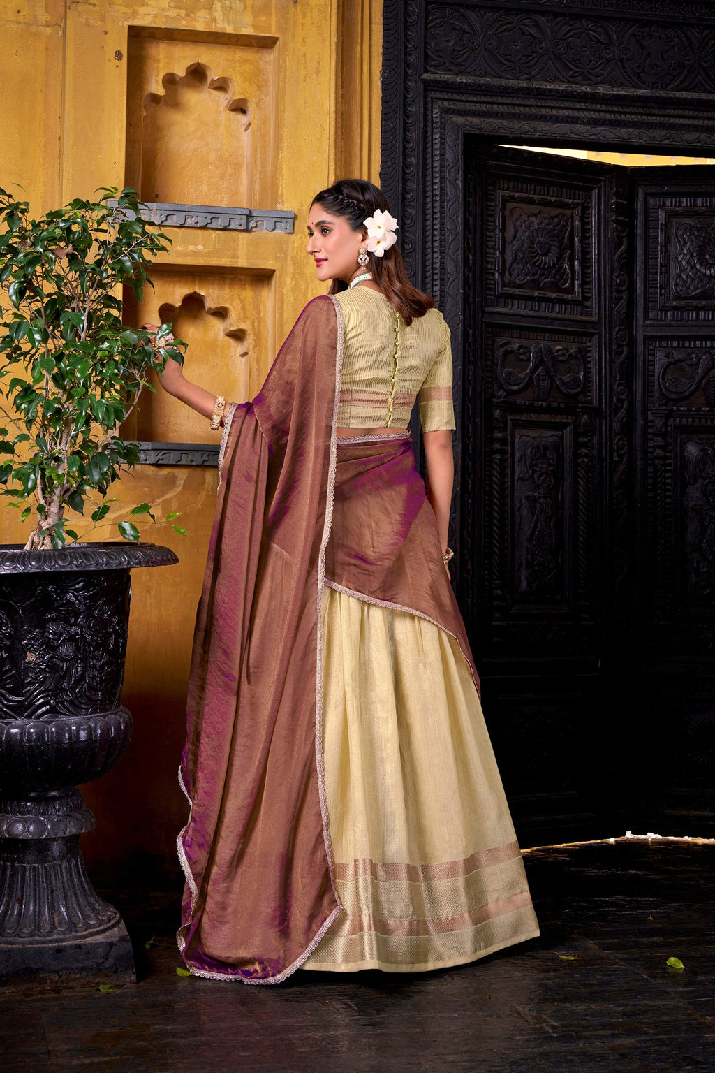 Evanik Traditional Yellow Dupion Silk With Zari Weaving Work Fully Stitched Lehenga Choli - Distacart