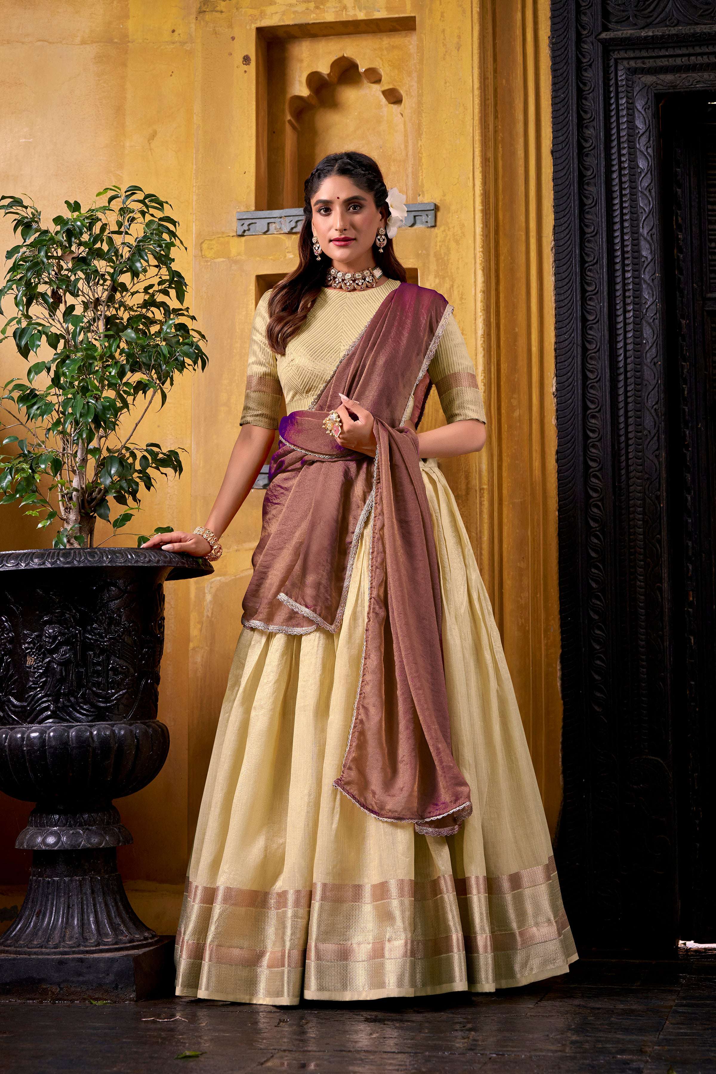 Evanik Traditional Yellow Dupion Silk With Zari Weaving Work Fully Stitched Lehenga Choli - Distacart