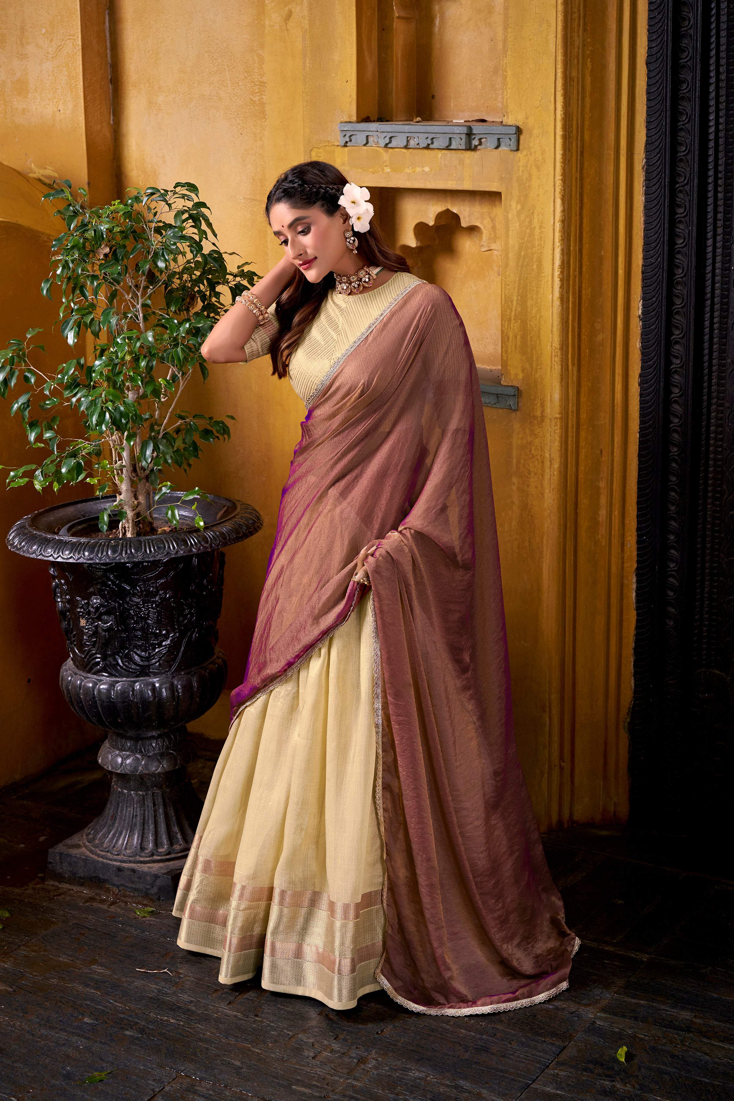 Evanik Traditional Yellow Dupion Silk With Zari Weaving Work Fully Stitched Lehenga Choli - Distacart