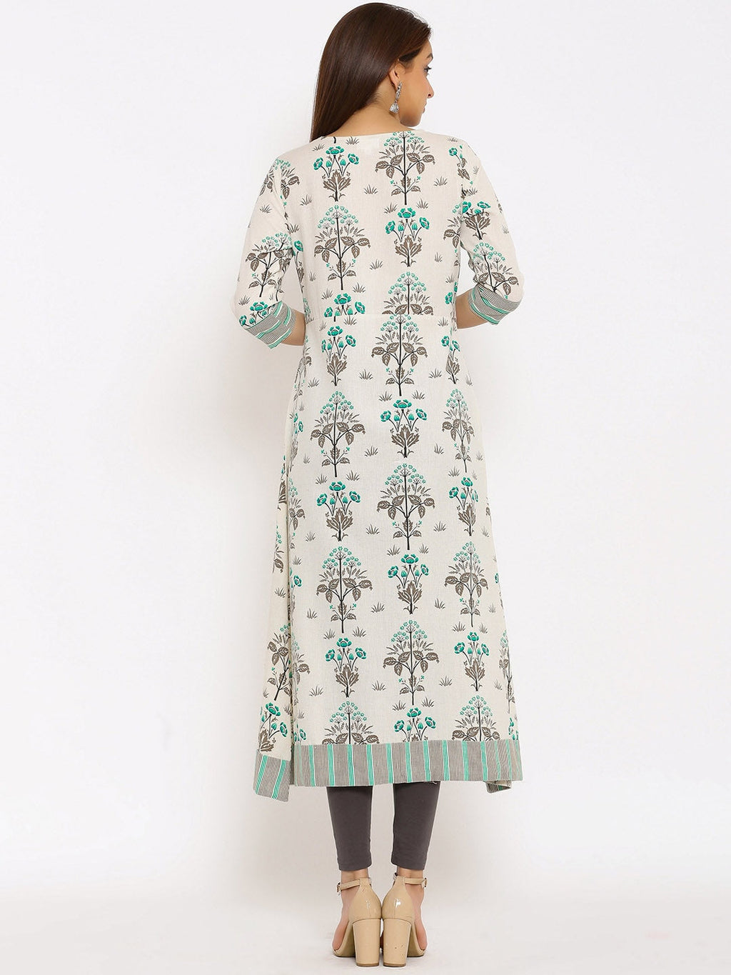 HERE&NOW Off-White & Grey Floral Printed Cotton Flax A-Line Kurta