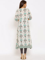 HERE&NOW Off-White & Grey Floral Printed Cotton Flax A-Line Kurta