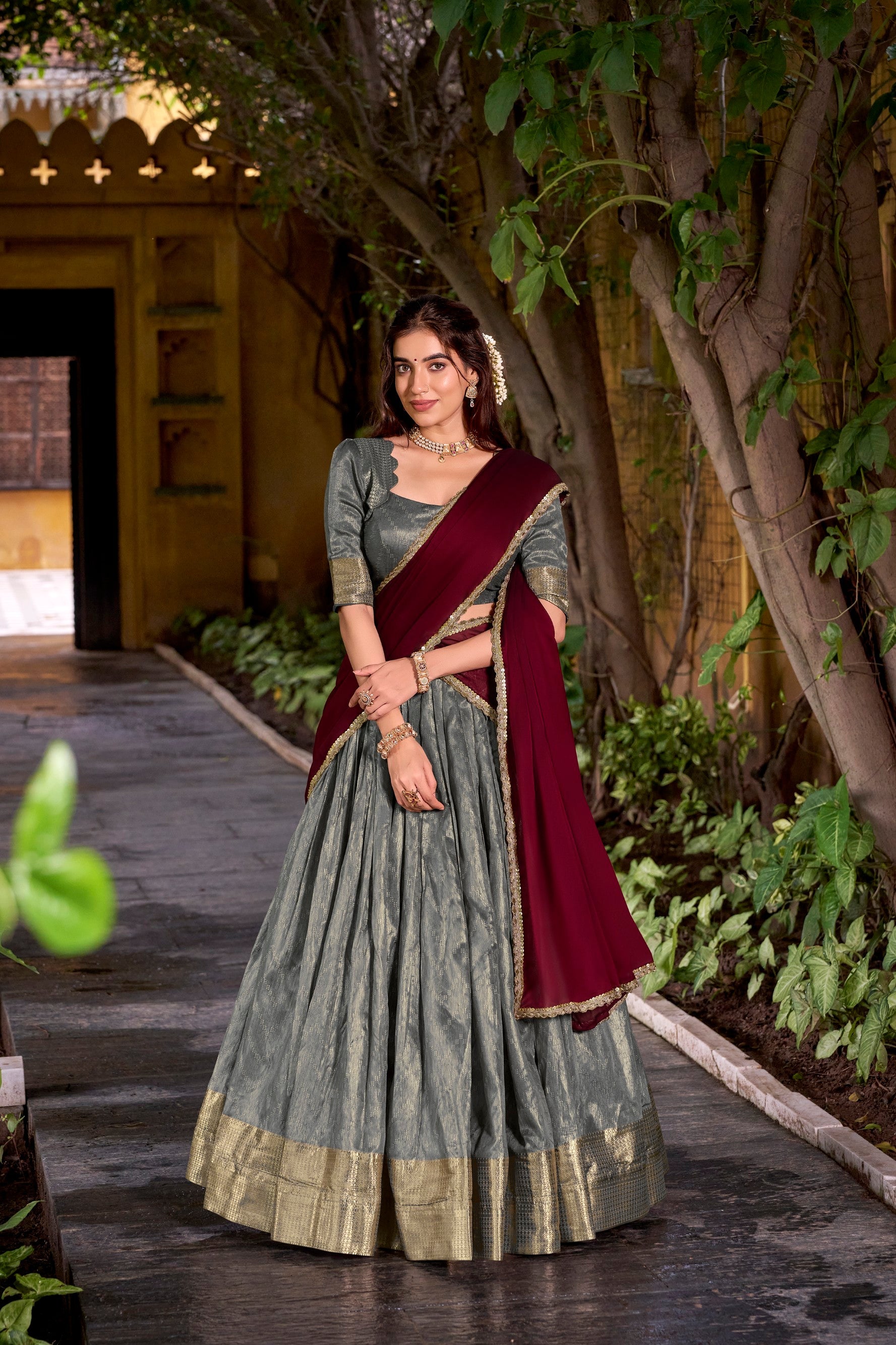 Lorenvalley Fashion Grey Dupion Silk Zari Weaving Work Lehenga Choli with Dupatta
