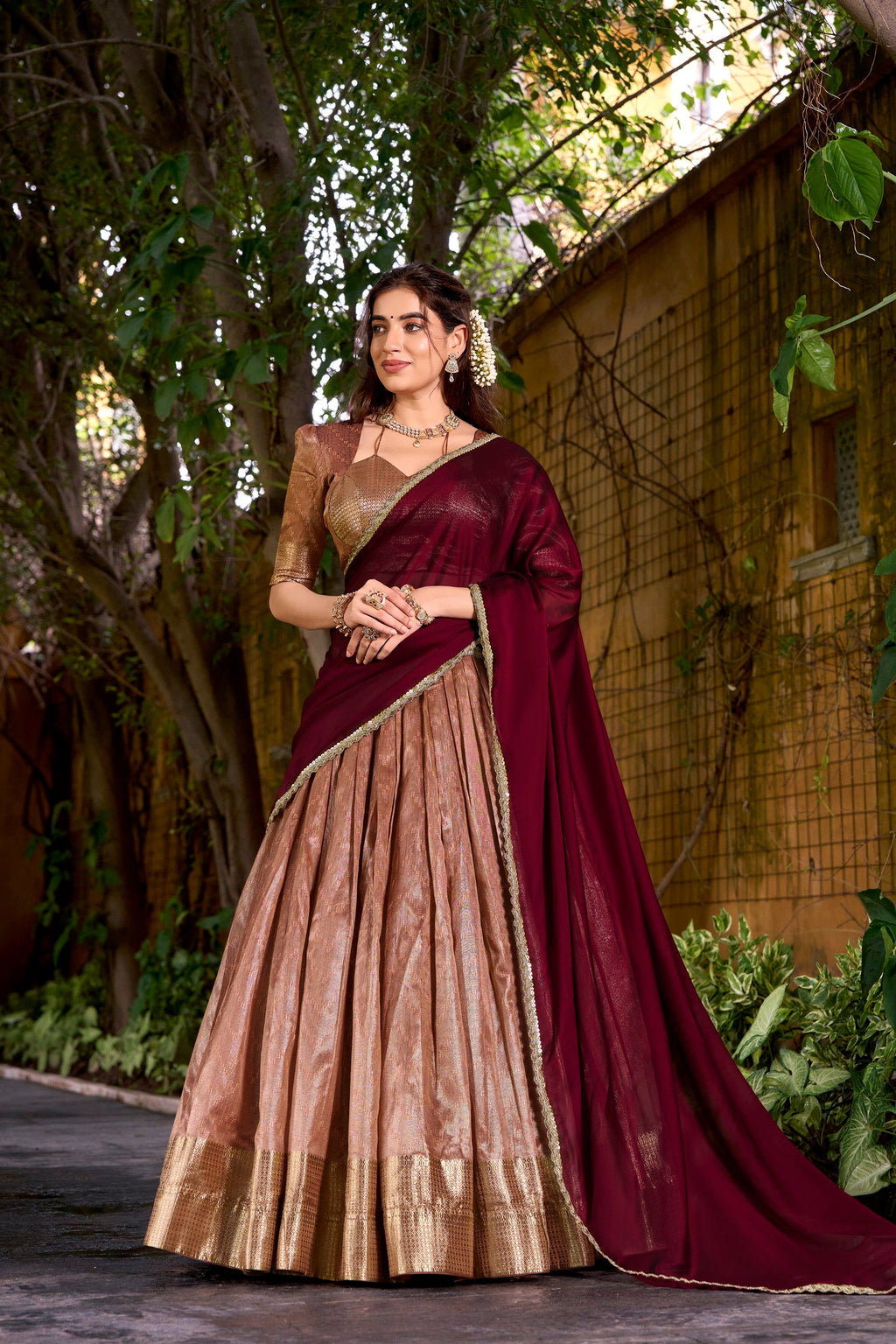 Lorenvalley Fashion Peach Dupion Silk Zari Weaving Work Lehenga Choli with Dupatta - Distacart