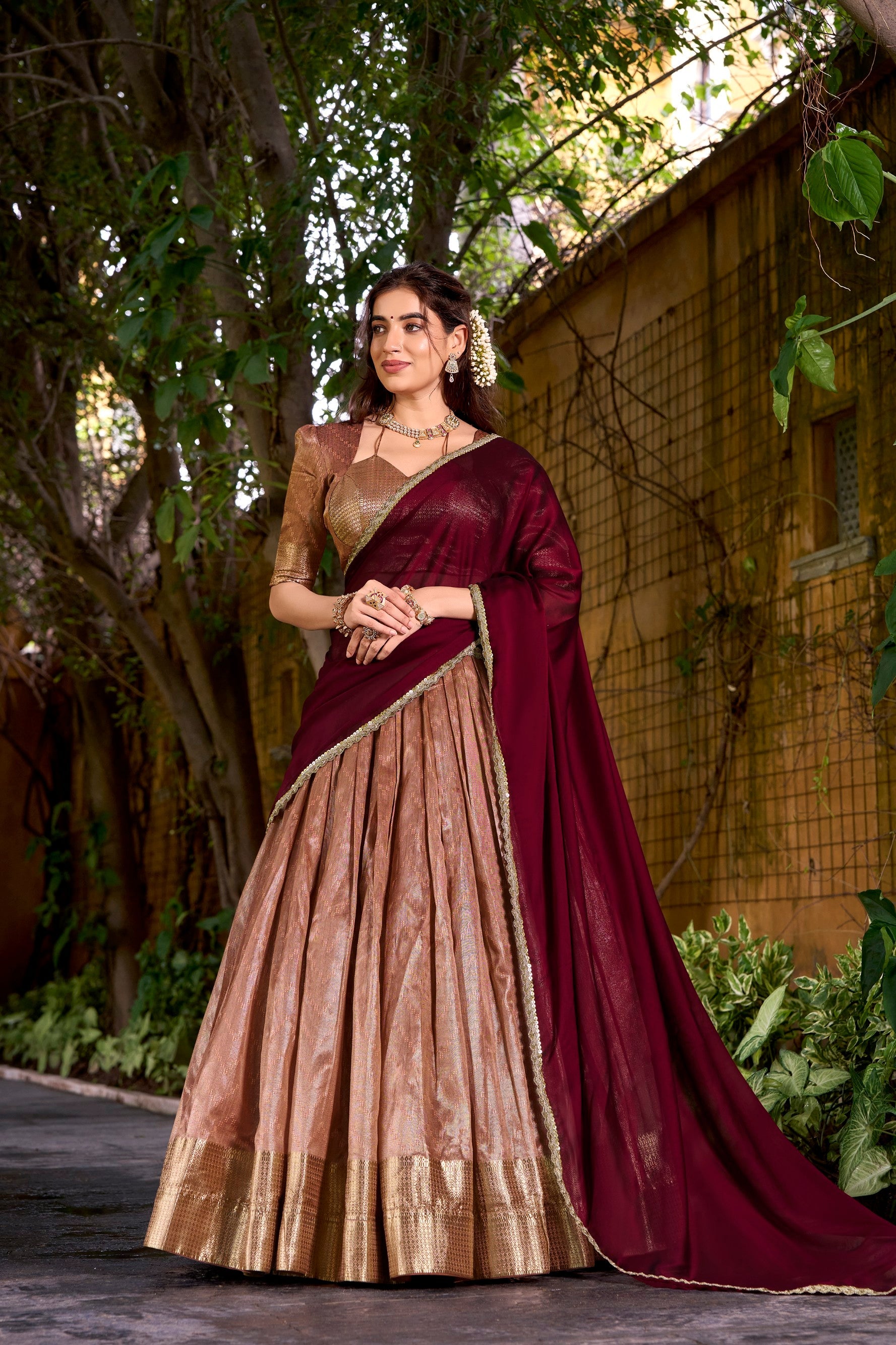 Lorenvalley Fashion Peach Dupion Silk Zari Weaving Work Lehenga Choli with Dupatta - Distacart