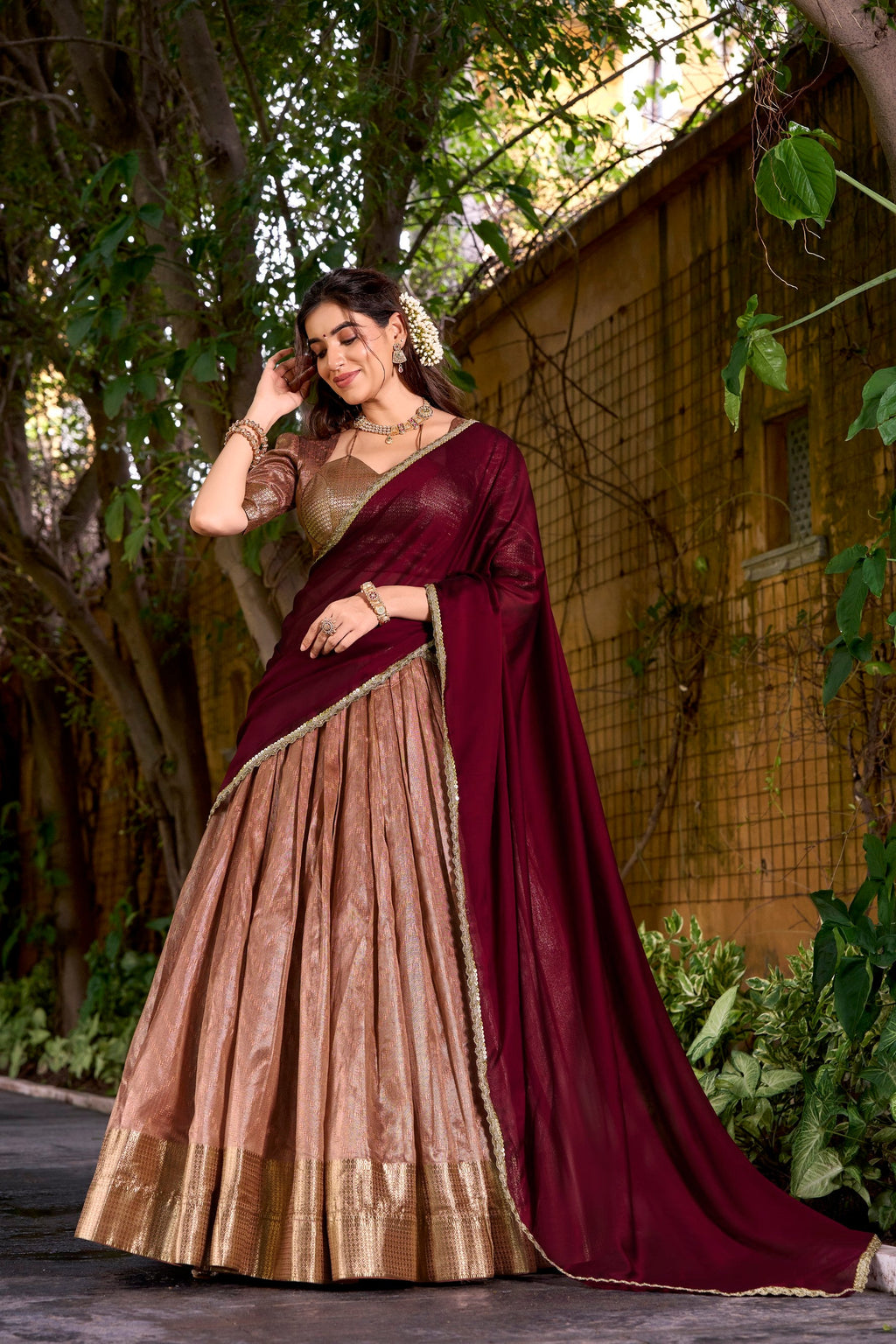 Lorenvalley Fashion Peach Dupion Silk Zari Weaving Work Lehenga Choli with Dupatta - Distacart