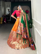 Lorenvalley Orange Jacquard Silk Paithani Zari Weaving Work Lehenga Choli with Dupatta