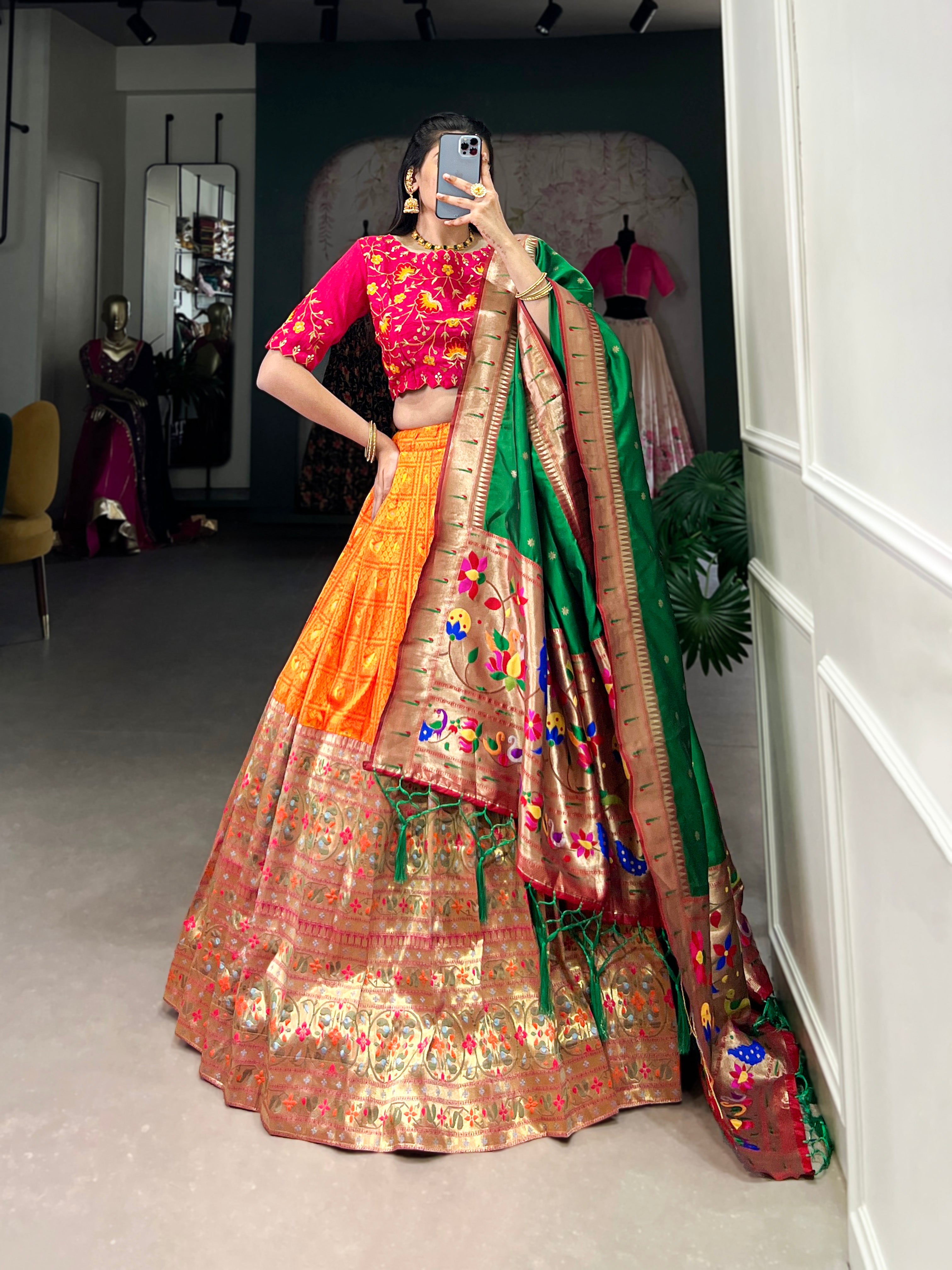 Lorenvalley Orange Jacquard Silk Paithani Zari Weaving Work Lehenga Choli with Dupatta