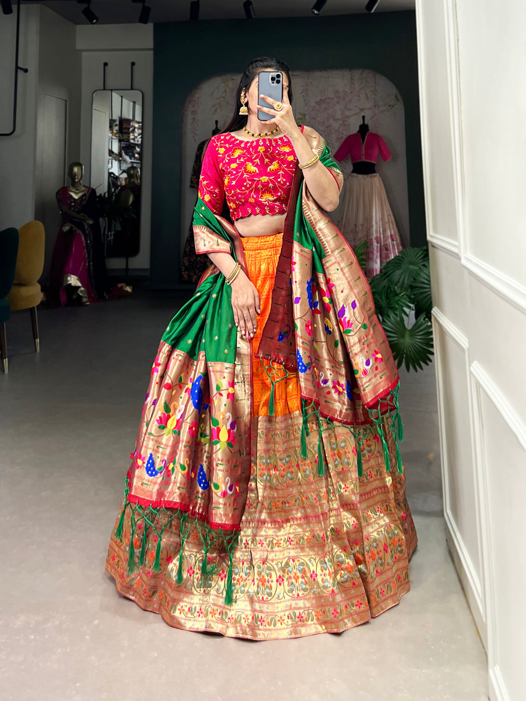 Lorenvalley Orange Jacquard Silk Paithani Zari Weaving Work Lehenga Choli with Dupatta