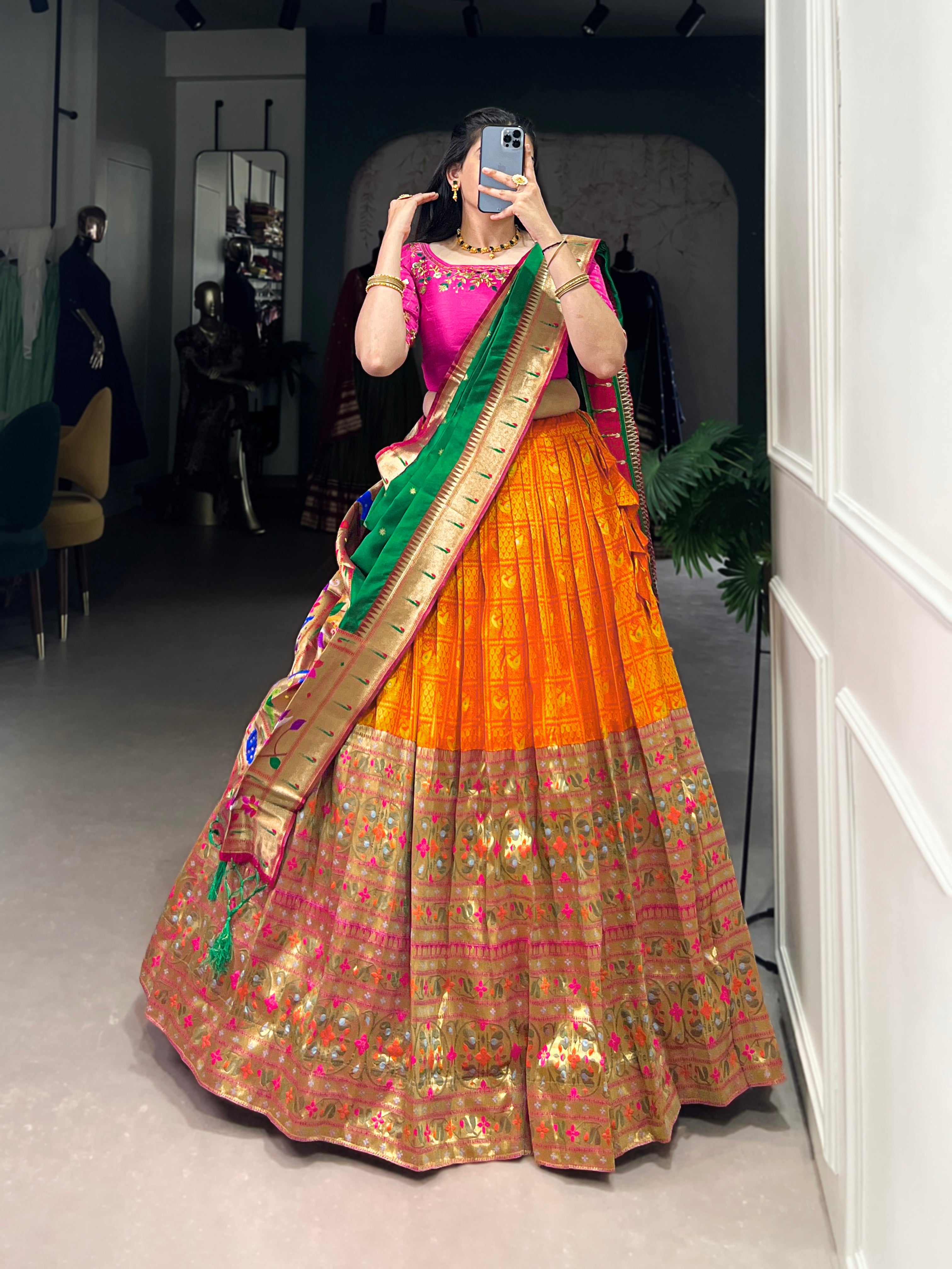 Lorenvalley Orange Jacquard Silk Paithani Zari Weaving Work Lehenga Choli with Dupatta