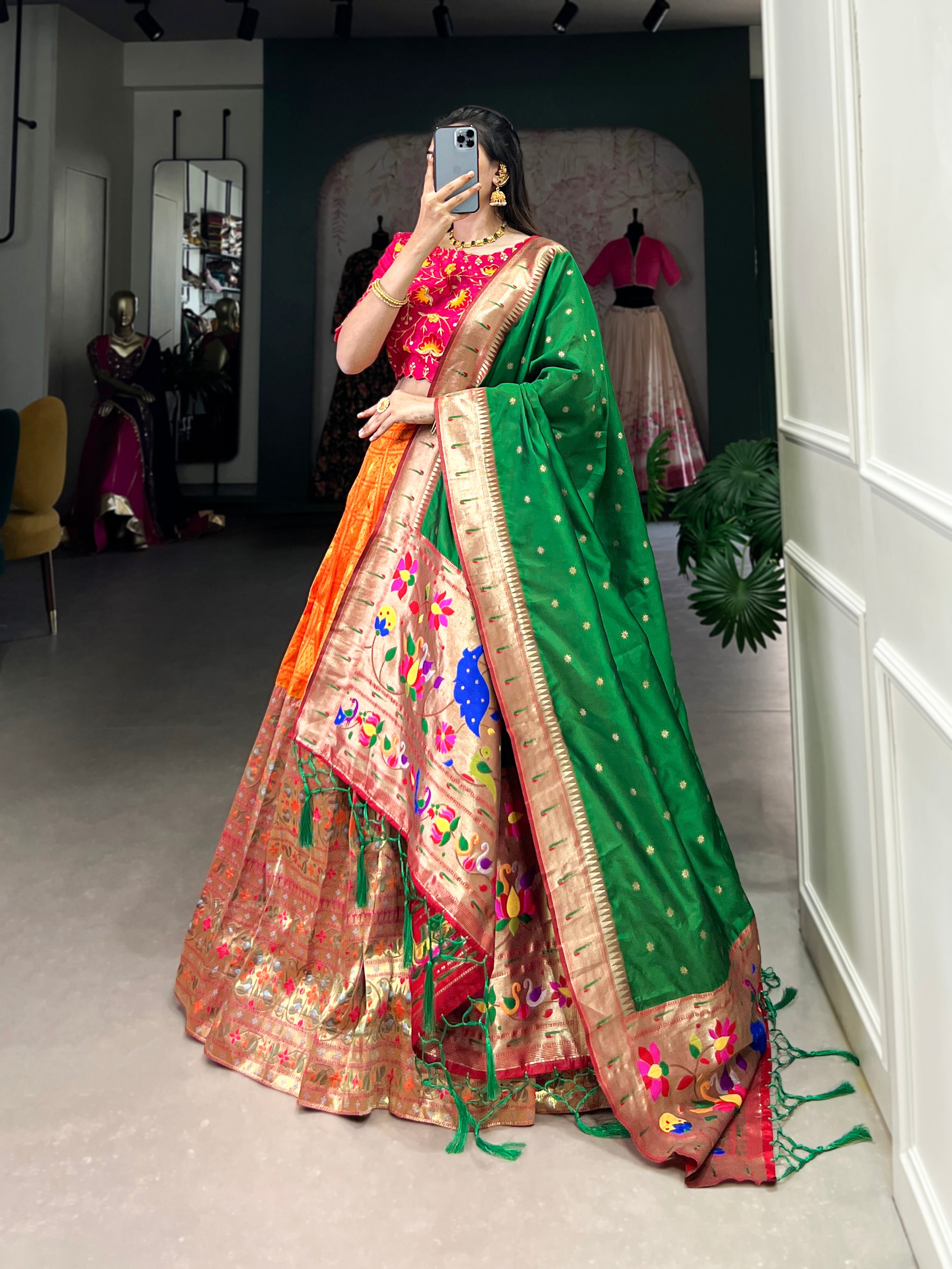 Lorenvalley Orange Jacquard Silk Paithani Zari Weaving Work Lehenga Choli with Dupatta