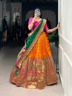 Lorenvalley Orange Jacquard Silk Paithani Zari Weaving Work Lehenga Choli with Dupatta