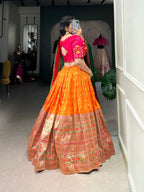 Lorenvalley Orange Jacquard Silk Paithani Zari Weaving Work Lehenga Choli with Dupatta