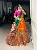 Lorenvalley Orange Jacquard Silk Paithani Zari Weaving Work Lehenga Choli with Dupatta