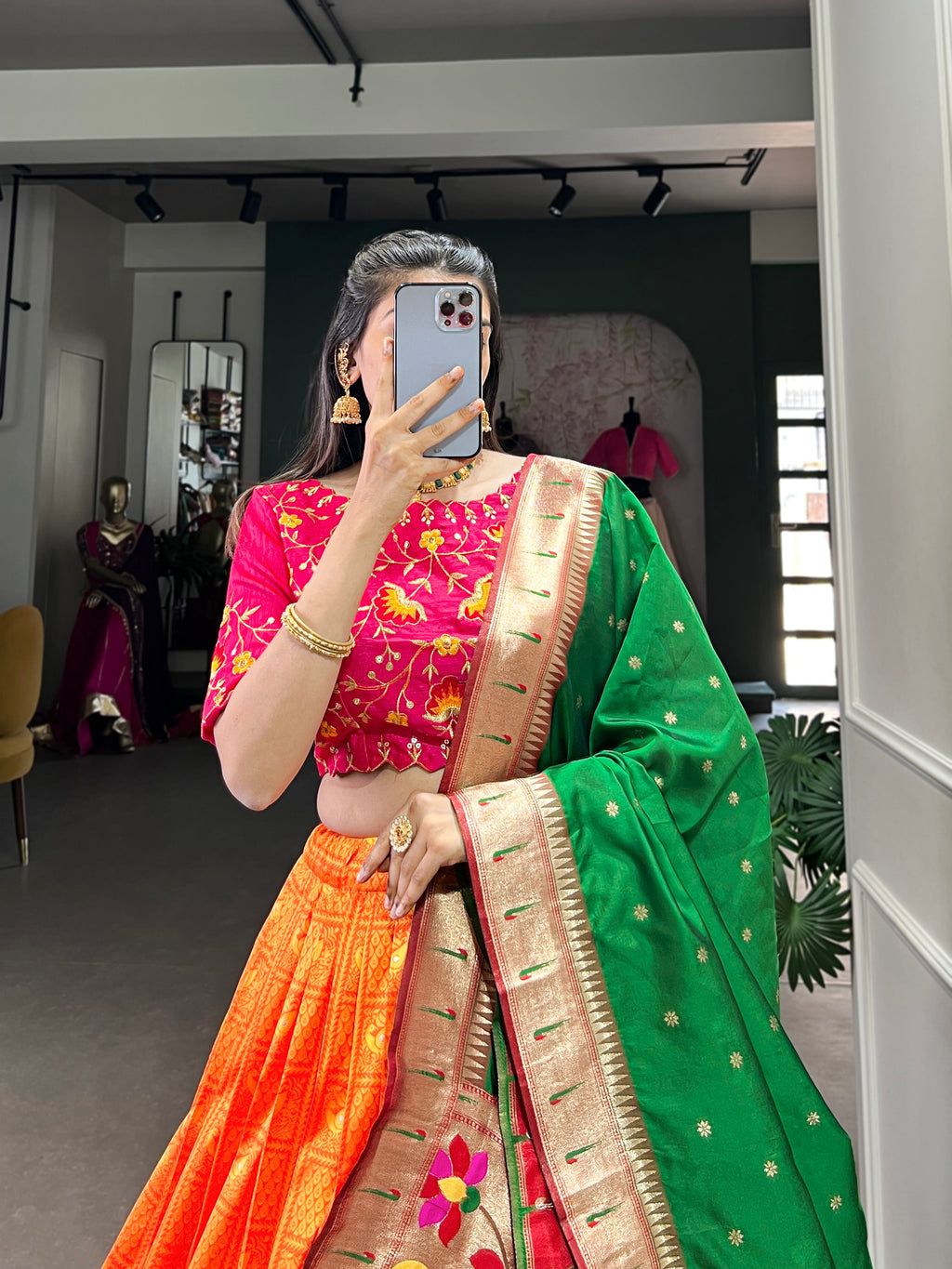 Lorenvalley Orange Jacquard Silk Paithani Zari Weaving Work Lehenga Choli with Dupatta