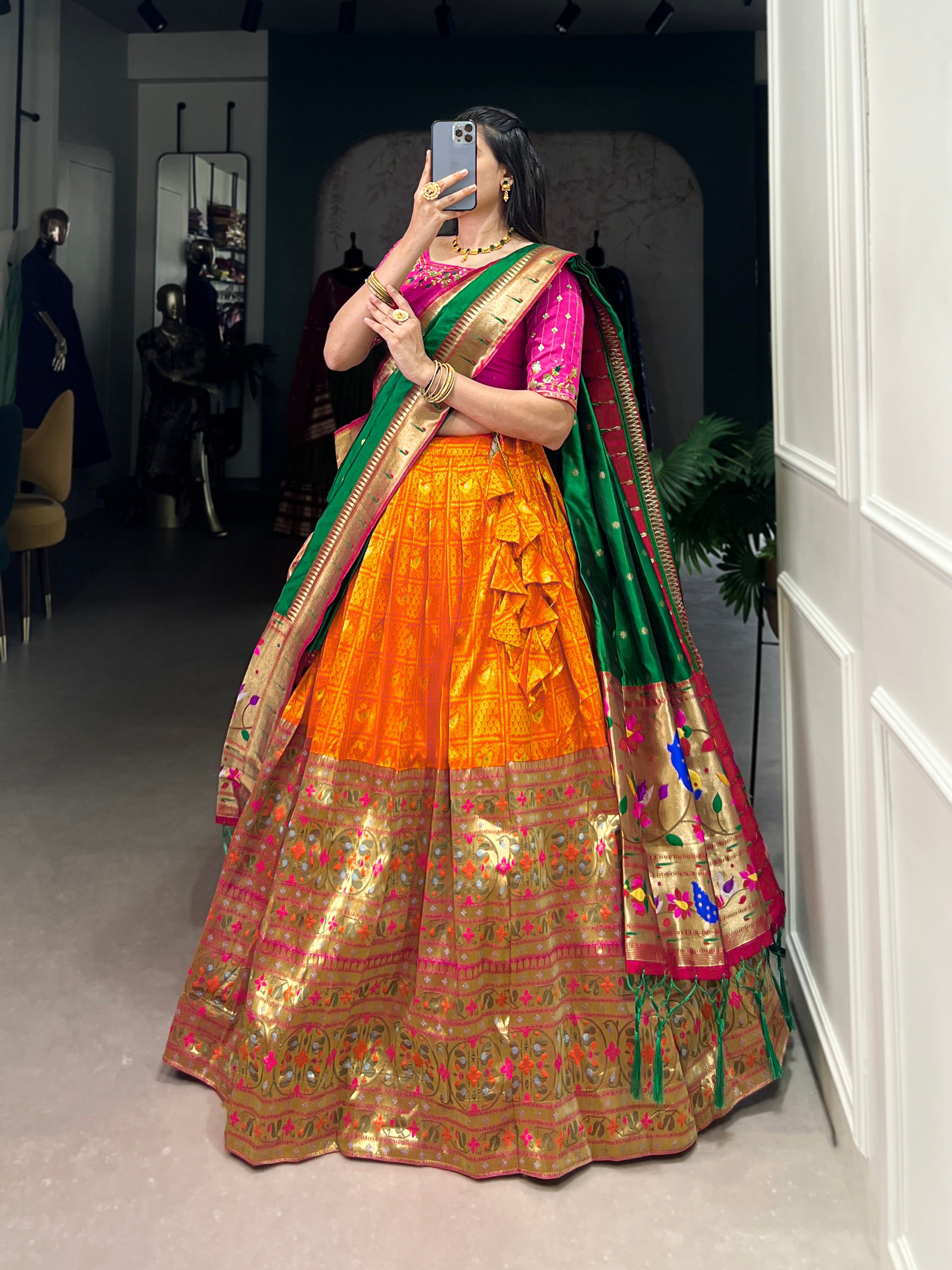 Lorenvalley Orange Jacquard Silk Paithani Zari Weaving Work Lehenga Choli with Dupatta