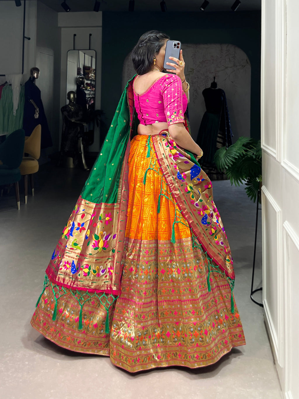 Lorenvalley Orange Jacquard Silk Paithani Zari Weaving Work Lehenga Choli with Dupatta