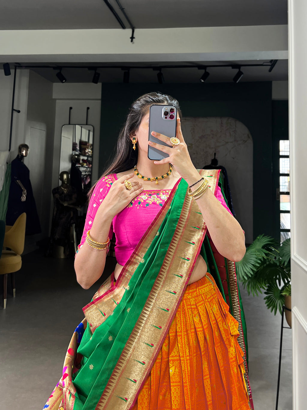 Lorenvalley Orange Jacquard Silk Paithani Zari Weaving Work Lehenga Choli with Dupatta