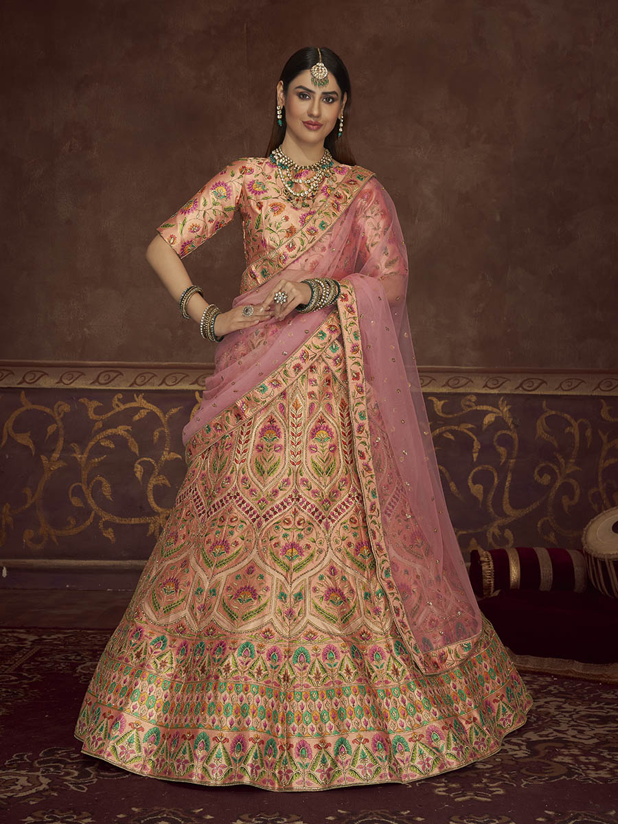 Myra Peach Pink Art Silk Embroidered Designer Lehenga